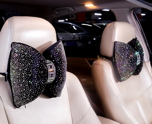 Carwales Bow Neck Support Pillow for Driving Seat Travel Head Rest Sparkly Bling Car Accessories Sparkly Rhinestone Headrest Black 2pcs for Women Men - color: 612-black