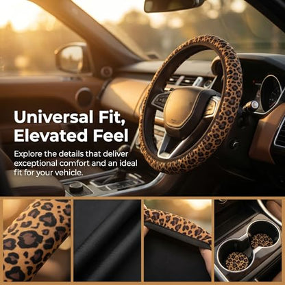 Leopard Print Steering Wheel Cover for Women, Universal Fit 14-15 Inch, Breathable Anti-Slip Car Wheel Protector with 2 Coasters, Cheetah Animal Print Design - color: Brown Leopard