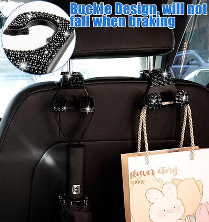 Bling Car Purse Hooks 2Pcs, Durable Car Headrest Hook, Holds 44Lbs, Double-Hooks, Wide-Opening, Rhinestone Automobile Purse Hangers Holder, Bling Car Accessories for Women, Black - color: Bling Black