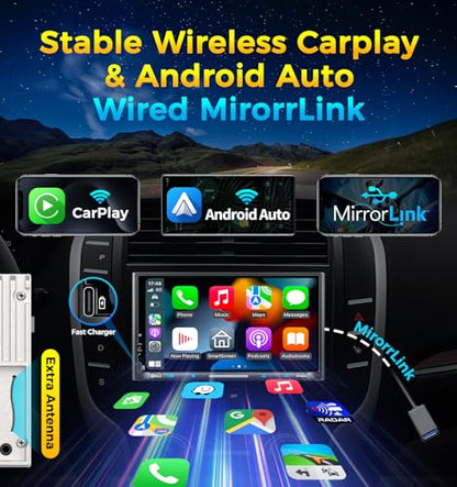 PLZ 7" Wireless Double Din Car Stereo Apple Carplay Radio QLED Screen for Car, Android Auto, Bluetooth 5.3, Fast Charger, 1080P Backup Camera, 4.2 Channel Outputs 240W, 2 Subwoofer - size: 7"