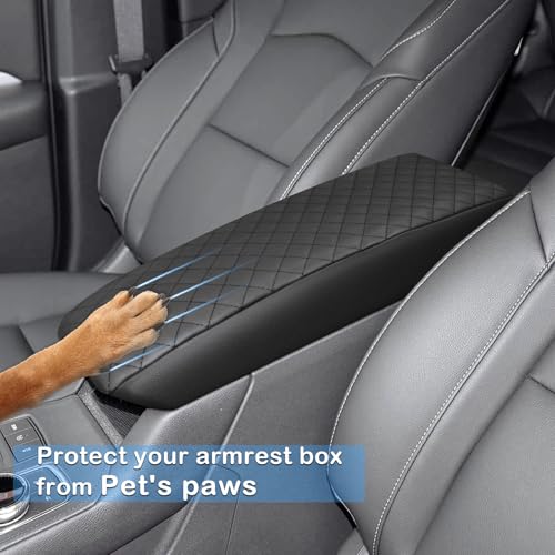 QianBao Compatible with Cadillac XT4 2019 2020 2021 2022 2023 2024 2025 Leather Armrest Box Center Console Cover Middle Console Cover Protector Black Stitches