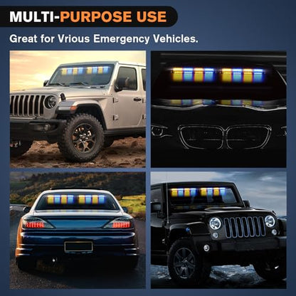 Nilight 32LED Amber Blue Emergency Dash Strobe Lights with Controller Suction Cups Warning Hazard Interior Front/Rear Windshield Deck Split Light Bar for Trucks Construction Vehicles - color: Amber and Blue