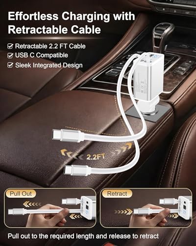 Retractable Car Phone Charger USB C, 4 in 1 Fast Car Charging Adapter with 2 Flexible USB C Cable for iPhone 17e 17 Samsung S26 Android, USBC Cigarette Lighter Gift for Men Android Auto Adapter - color: Reatractable Car Charger-White