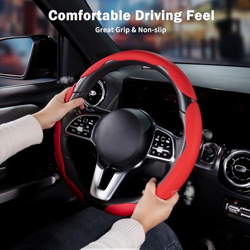 Nappa Leather Car Steering Wheel Cover for Men Women, Ultra-Thin Non-Slip Breathable Microfibre, Universal for 14.5"-15" Steering Wheel - Red - color: Red