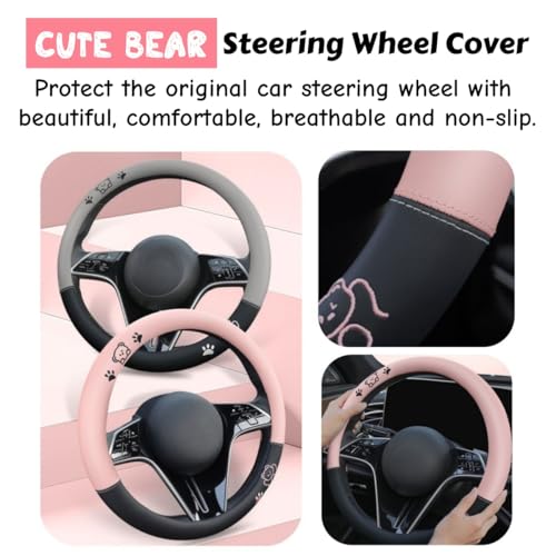 15 Inches Universal Round Leather Car Steering Wheel Cover, Cute Bear Soft Breathable Non-Slip Steering Wheel Protector Wrap (Pink-Black) - color: Pink-Black