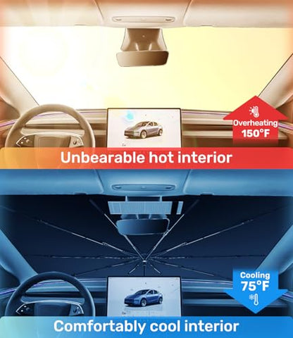 Zanch Upgrade Windshield Sun Shade, Custom Fit for Tesla Mode Y 2017-2026 [Titanium-Silver Reflective Coating] Blocks 99% UV & Heat, Sunshade Umbrella for Model Y 2017 ... 2024 2025 2026 - size: For Tesla Model Y (2017-2026)