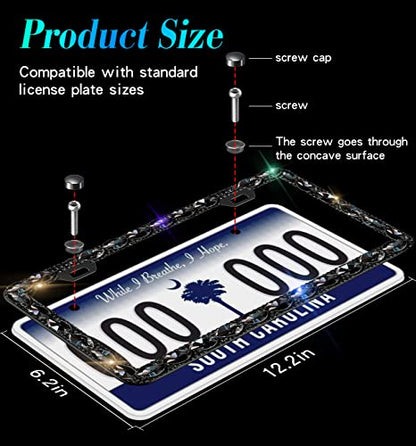 2 Pack Bling License Plate Frame for Women with High End Ribbon Gift Box Rhinestone Sparkly Diamond License Plate Holder, Handcrafted Crystal Premium Stainless Steel (Black Gem) - color: black 2pcs