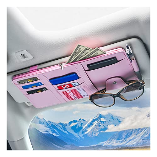 Car Sun Visor Organizer, Leather Storage Pocket Sun Visor Pouch with Zipper for Cards License Registration Pen Glasses Document, Fits Most Car SUV, Auto Interior Accessories for Men Women (Pink) - color: Pink