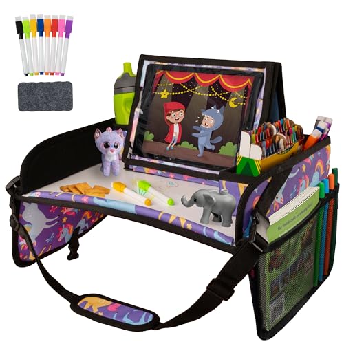 Lusso Gear Kids Travel Tray for Car - Road Trip Essentials for Kids - Car Seat Tray for Toddlers & Kids - for Airplane, Kids Travel Desk, Road Trip Activities (Purple Unicorns) - color: Purple Unicorns