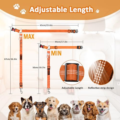 Removable Dog Seat Belt Harness for Car, 3 in 1 Pet Dog Car Seatbelt Leash, Retractable Restraint Secures to Vehicle Headrest & Adjustable Reflective Bungee Dog Seatbelt Tether,Orange - color: 2PCS Orange