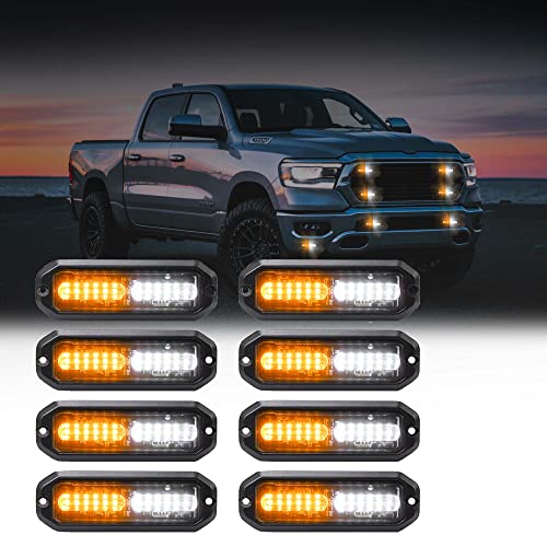 WINECO Amber/White LED Strobe Lights Kit - 8pcs 12-LED Flashing Emergency Warning Lights for Trucks, Cars and Vehicles - color: Amber White