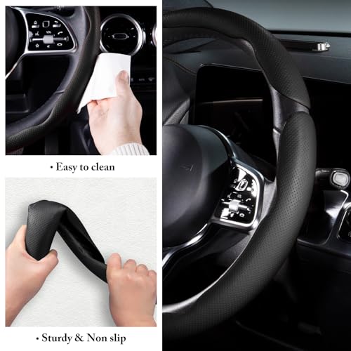 Car Steering Wheel Cover Leather Snap On 3Pcs Set Non-Slip Protector Wrap Steering Wheel Accessories 14.5-15 inch Universal Black - color: Black A
