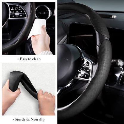 Car Steering Wheel Cover Leather Snap On 3Pcs Set Non-Slip Protector Wrap Steering Wheel Accessories 14.5-15 inch Universal Black - color: Black A
