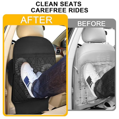 Seat Back Protector - Leather Kick Mat with Storage Pockets, Front & Back Seat Cover for Kids -Large Capacity Car Seat Organizers and Storage for Child, Splashproof & Easy Clean