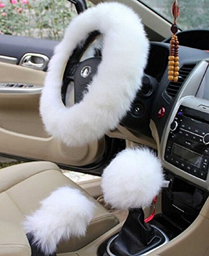 Yontree Fashion Fluffy Steering Wheel Covers for Women/Girls/Ladies Australia Pure Wool 15 Inch 1 Set 3 Pcs (White) - color: White, size: Long Wool