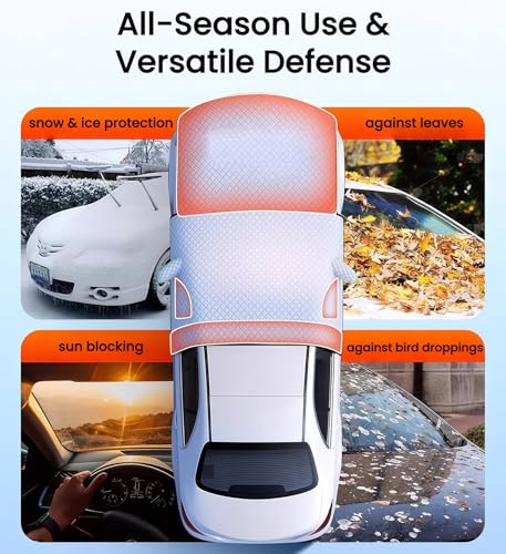 Heavy Duty Thickened Car Snow Cover Enlarge with Hood Protection, Windshield Sunshade w/ Waterproof PEVA+Cotton Filling+Taffeta Inner Against Heat & Uv, Snow＆ Ice, Dirt for Sedans, Suvs, Hatchbacks