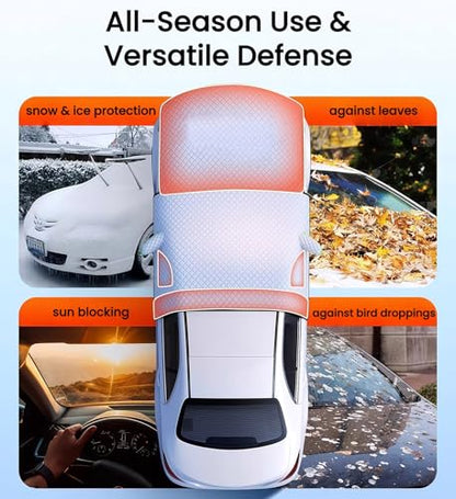 Heavy Duty Thickened Car Snow Cover Enlarge with Hood Protection, Windshield Sunshade w/ Waterproof PEVA+Cotton Filling+Taffeta Inner Against Heat & Uv, Snow＆ Ice, Dirt for Sedans, Suvs, Hatchbacks