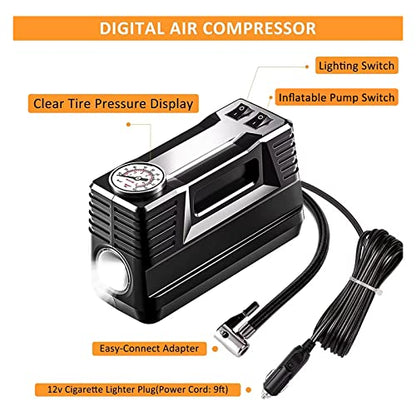 98 PCS Roadside Car Emergency Assistance Kit with Portable Air Compressor Jumper Cables Safety Hammer All in One Pliers Tool Set（Black） - color: Black