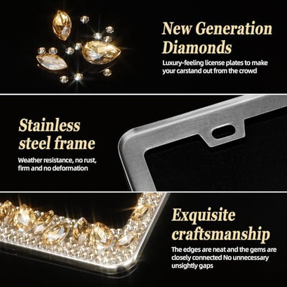 OKLPF Single Luxury Rhinestone License Plate Frame – Elegant Champagne Bling with Glitter Crystals, Anti-Theft Screws & Gift Box, Fits Standard US Plates(Champagne) - color: Champagne, size: 1pc