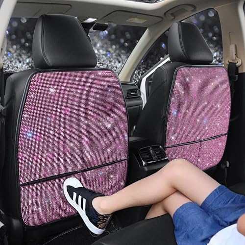Bling Kick Mats for Car Seats with Pockets – Crystal Diamond Protectors for Girls & Women, Easy-to-Install Backseat Kick Mats with Storage & Sparkling Rhinestones Pink 2pcs - color: Pink 2Pcs