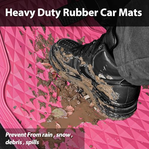 CAR PASS Heavy Duty Rubber Hot Pink Car Floor Mats & Cargo Liners, Deep Dish All-Weather Trunk Mats Durable Anti-Slip 3D Rhombus Waterproof Trim to Fit Liner Universal Fit Auto,Sedan,SUV,Truck, Pink - color: hot pink with cargo liner