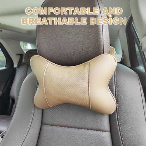 2 Pack Car Neck Pillow PU Leather Automotive Headrest Pillow for Car Support Neck Pain Relief Universal Car Pillow (Beige) - color: Beige