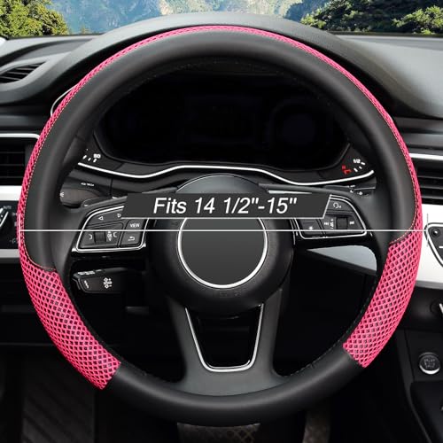 KAFEEK 15 inch Steering Wheel Cover, Cooling Ice Silk Mesh with Microfiber Leather, Heat Resistant, Breathable, Anti-Slip, Summer Cool, Universal Fit, Black & Red - color: red, size: Standard Size[14.5"-15"]