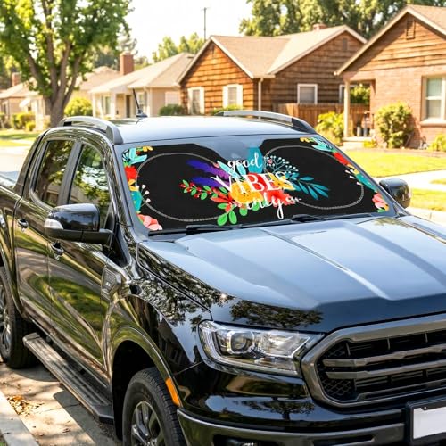 63"x28.5" Car Windshield Sun Shade with Storage Pouch, Stylish Printed Front Window Sunshade with Double Ring Frame, Universal Fit Foldable Heat Blocker & UV Protector for SUV, Sedan (Good Vibes) - color: Good Vibes