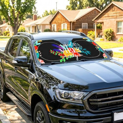 63"x28.5" Car Windshield Sun Shade with Storage Pouch, Stylish Printed Front Window Sunshade with Double Ring Frame, Universal Fit Foldable Heat Blocker & UV Protector for SUV, Sedan (Good Vibes) - color: Good Vibes