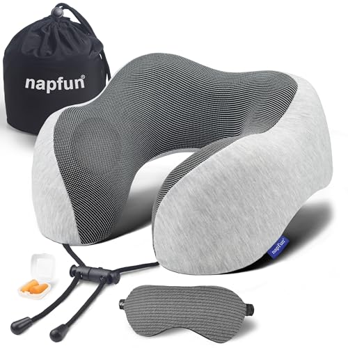 napfun Neck Pillow for Travel with Travel Pouch, Sleep Mask & Earplugs, Memory Foam Airplane Pillow for Headrest Sleep with Eyeshades, Plane Essentials with Eye Blindfold, Light Gray Kit - color: Light Gray Kit