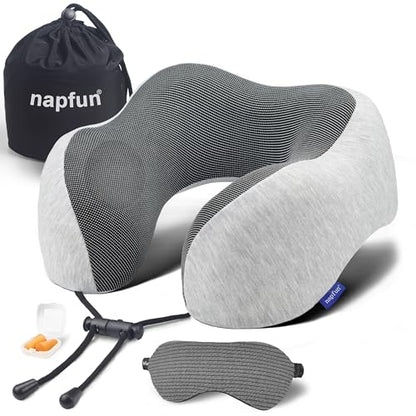 napfun Neck Pillow for Travel with Travel Pouch, Sleep Mask & Earplugs, Memory Foam Airplane Pillow for Headrest Sleep with Eyeshades, Plane Essentials with Eye Blindfold, Light Gray Kit - color: Light Gray Kit