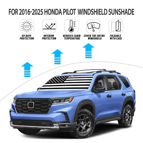 D-Lumina Windshield Sun Shade for 2016-2025 Honda Pilot Accessories, Front Window Sunshade American Flag Sun Visor Protector Sun Shield Blocks UV Rays Heat, Foldable 2 Layers 210T Material - size: Silver & Black-fit 2016-2025 Honda Pilot