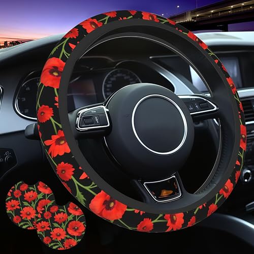 Red Flowers Steering Wheel Cover Floral red Cute Steering Wheel Cover Breathable Universal for 15 Inch Anti-Slip Car with 2 Pieces Car Coasters Suitable for Men Women Florals - color: Rose flowers