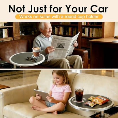 Car Food Tray & Car Table Tray with Car-Grade Aluminum Cup Holder & Phone Stand,360° Rotating Car Desk for Laptop & Eating, Compatible with Tesla Model Y/3/S, Best Fit Round Cup Holder (2.28" - 3.66") - color: 𝗥𝗼𝘂𝗻𝗱 · Black