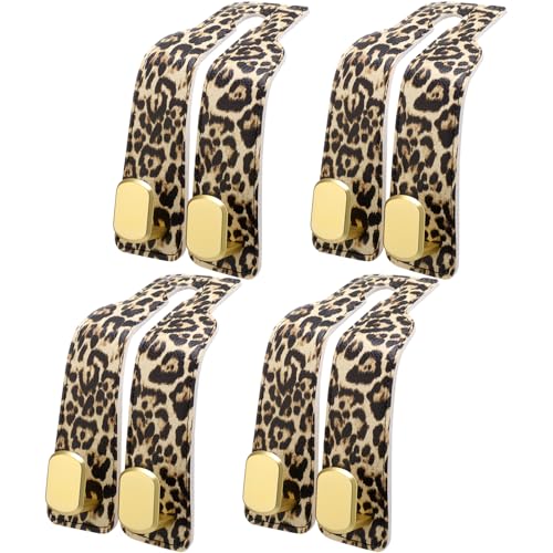 Silkfly 4 Pcs Leopard Print Car Seat Back Hooks, Brown Cheetah Car Headrest Hooks Metal & Leather Multi-Function Storage Double Hanger for Purse Handbags Phone Organizer Accessories Gift