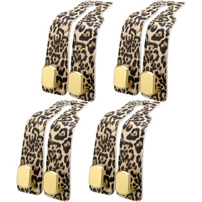 Silkfly 4 Pcs Leopard Print Car Seat Back Hooks, Brown Cheetah Car Headrest Hooks Metal & Leather Multi-Function Storage Double Hanger for Purse Handbags Phone Organizer Accessories Gift