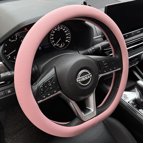 PINCTROT D Shaped Nappa Leather Steering Wheel Cover, Slim Fit No Bulk Design, One Piece Leather with Breathable Perforation, Fit Like Gloves, Flat Bottom 14.5-15 Inch(Nappa Pink) - color: 04.Pink, size: D Shaped/Flat Bottom[14 1/2''-15'']