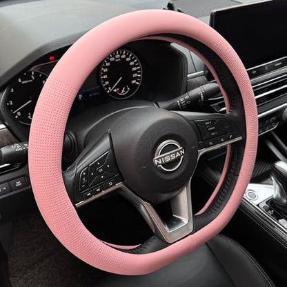 PINCTROT D Shaped Nappa Leather Steering Wheel Cover, Slim Fit No Bulk Design, One Piece Leather with Breathable Perforation, Fit Like Gloves, Flat Bottom 14.5-15 Inch(Nappa Pink) - color: 04.Pink, size: D Shaped/Flat Bottom[14 1/2''-15'']