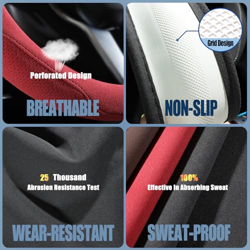 14 inch Red Suede Steering Wheel Cover, Breathable Non-Slip Sweat-Proof Wear-Resistant No Pilling, Warm in Winter and Cool in Summer - color: Red, size: Round-S[13.5''-14'']