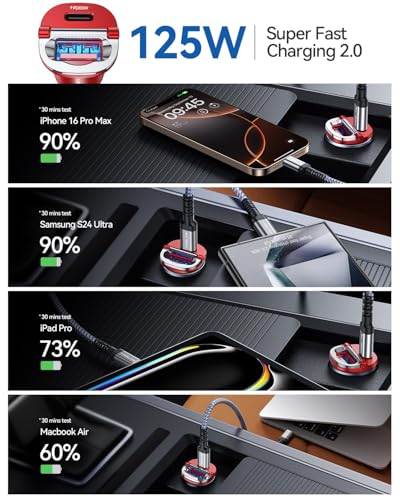【Upgraded】 125W USB C Car Charger Super Fast Charging for iPhone 16, [PD65W & QC60W][All Metal] MRGLAS Cigarette Lighter Car Charger,Dual Port for iPhone 16 15 Pro iPad Samsung S25 S24 MacBook-Red - color: Red