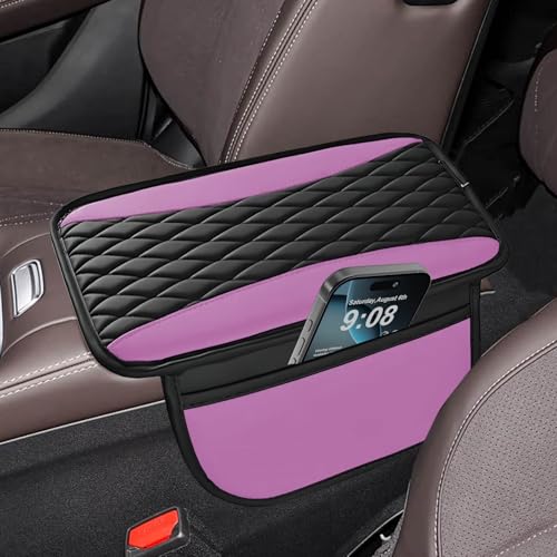 Center Console Cover, Patchwork Leather Arm Rest Cover with Storage Bag Thin Middle Console Cover Arm Rest Pad, Car with Side Storage Pocket for Car Seat Organizer for Sedan Car 12.7" x 7.5"(Purple) - color: purple