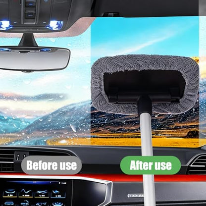 Car Windshield Cleaning Tool, Vehicle Window Cleaner with 3 Reusable Pads & Extendable Handle, Automotive Glass Wiper Wash Kit for Interior Exterior, Universal for Vehicles (Rectangular) - size: Rectangular