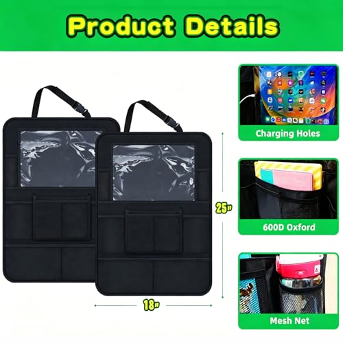 Car Organizer Kick Mats Back Seat Protector, Car Back Seat Organizer with Tablet Holder Pocket for Kids, Travel Accessories with 10 Storage Pockets, 2 Pack