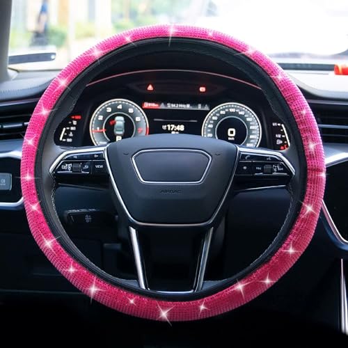 Bling Steering Wheel Cover, Rhinestone Steering Wheel Cover with Crystal Diamond for Women, Sparkling Car Wheel Protector Universal Fit 14-15 inches - Hot Pink - color: pink