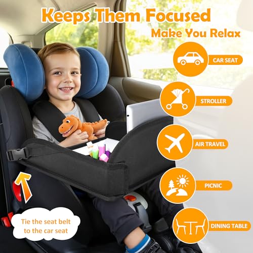 Kids Travel Tray for Toddler Carseat, Road Trip Activities Essentials for Toddler, Kids Lap Desk Tray with Tablet Holder Stand ＆ Dry Erase Board (Black) - color: Black