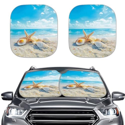 2 Piece Sun Shade for Car Windshield Sunshade Shells Starfish Print, UV Ray & Heat Block Keep Vehicle Cooler, 28.5" x 25.5" - color: Starfish Sky Blue