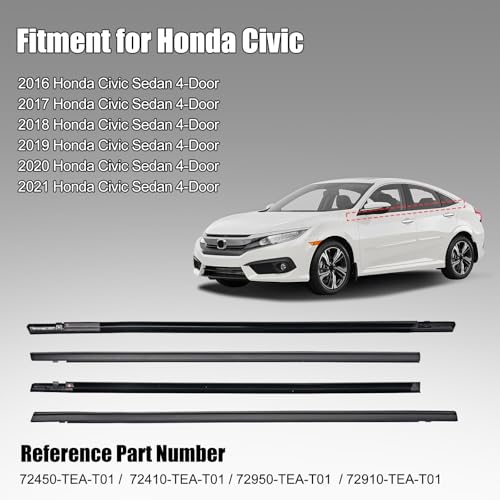 Window Molding Trim Seal for Honda Civic 2016-2021 Accessories, Outer Door Black Rubber Weather Stripping Belt, Replacement 72450-TEA-T01 (4PCS) - size: 2016-2021 Honda Civic