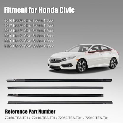 Window Molding Trim Seal for Honda Civic 2016-2021 Accessories, Outer Door Black Rubber Weather Stripping Belt, Replacement 72450-TEA-T01 (4PCS) - size: 2016-2021 Honda Civic