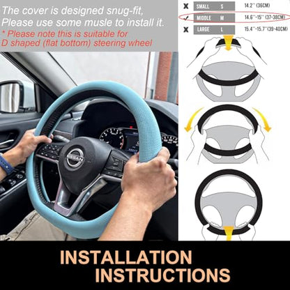 PINCTROT D Shaped Nappa Leather Steering Wheel Cover, Slim Fit No Bulk Design, One Piece Leather with Breathable Perforation, Fit Like Gloves, Flat Bottom 14.5-15 Inch(Nappa Aqua) - color: 10.Aqua, size: D Shaped/Flat Bottom[14 1/2''-15'']