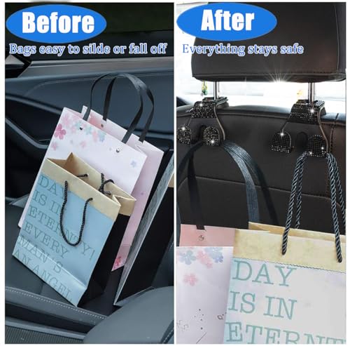 Bling Car Purse Hooks 2Pcs, Durable Car Headrest Hook, Holds 44Lbs, Double-Hooks, Wide-Opening, Rhinestone Automobile Purse Hangers Holder, Bling Car Accessories for Women, Black - color: Bling Black
